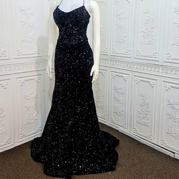 Custom made black sequined maxi prom dress